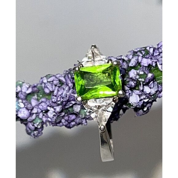 Tourmaline & Crystal Three Stone Ring Emerald Cut Stamped 925 Silver Size 81/2 - Picture 6 of 10